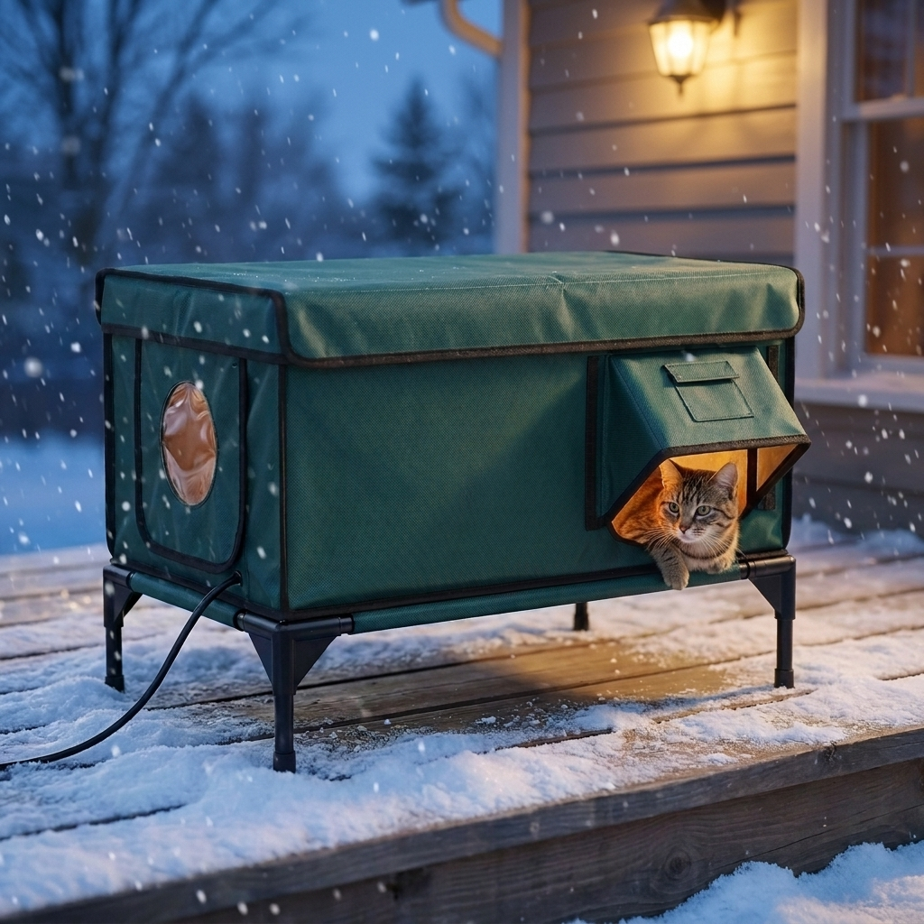 CozyCove heated cat house on a snowy porch at dusk with a tabby looking out
