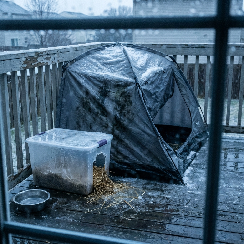 A soaked, collapsed nylon cat tent and a plastic storage bin with wet straw on a sleet-covered porch. No cat.