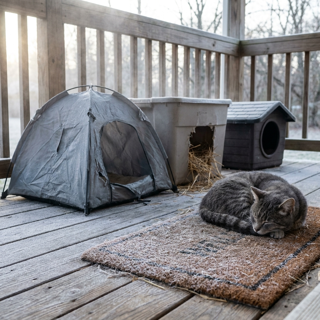 A thin stray cat asleep on a frosted doormat beside an empty soaked nylon tent, a plastic bin with wet straw, and a small plastic cat house