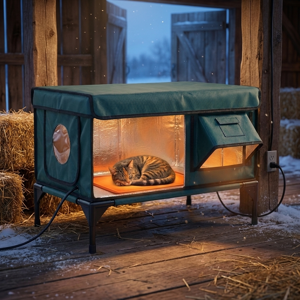 CozyCove set up inside a wooden barn beside hay bales, a calico asleep inside with a warm glow