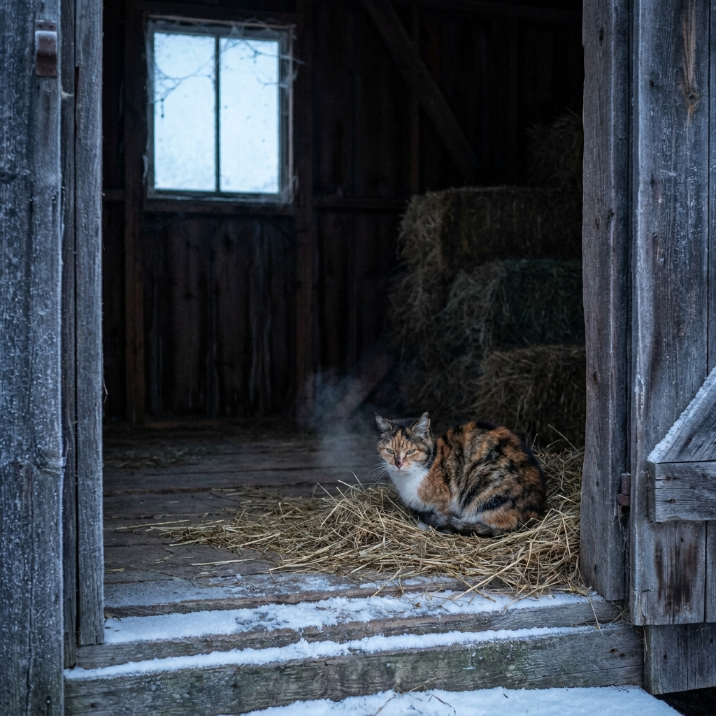 A thin older calico cat curled on straw on bare barn floorboards, breath fogging, frost on the walls