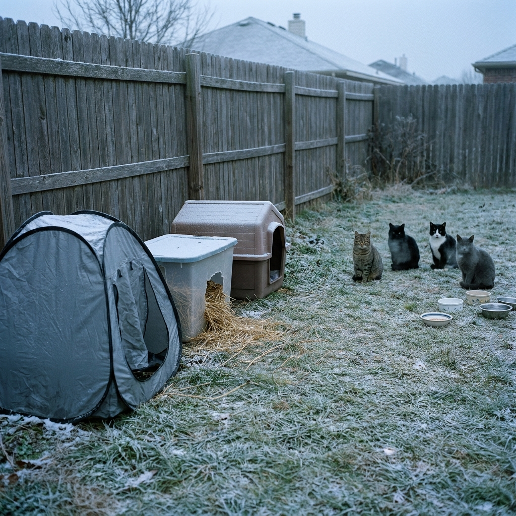 A soaked nylon tent, a plastic bin with wet straw and a small plastic cat house lined up along a fence, all empty, while four feral cats sit at a distance across the frozen grass