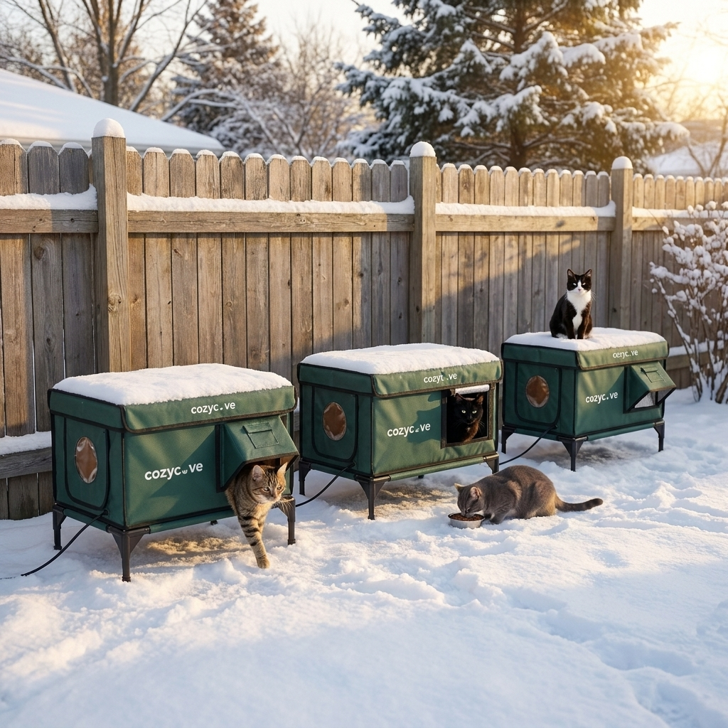 Three CozyCove houses staked side by side at sunrise after snow, cats stepping out and sitting on the roofs