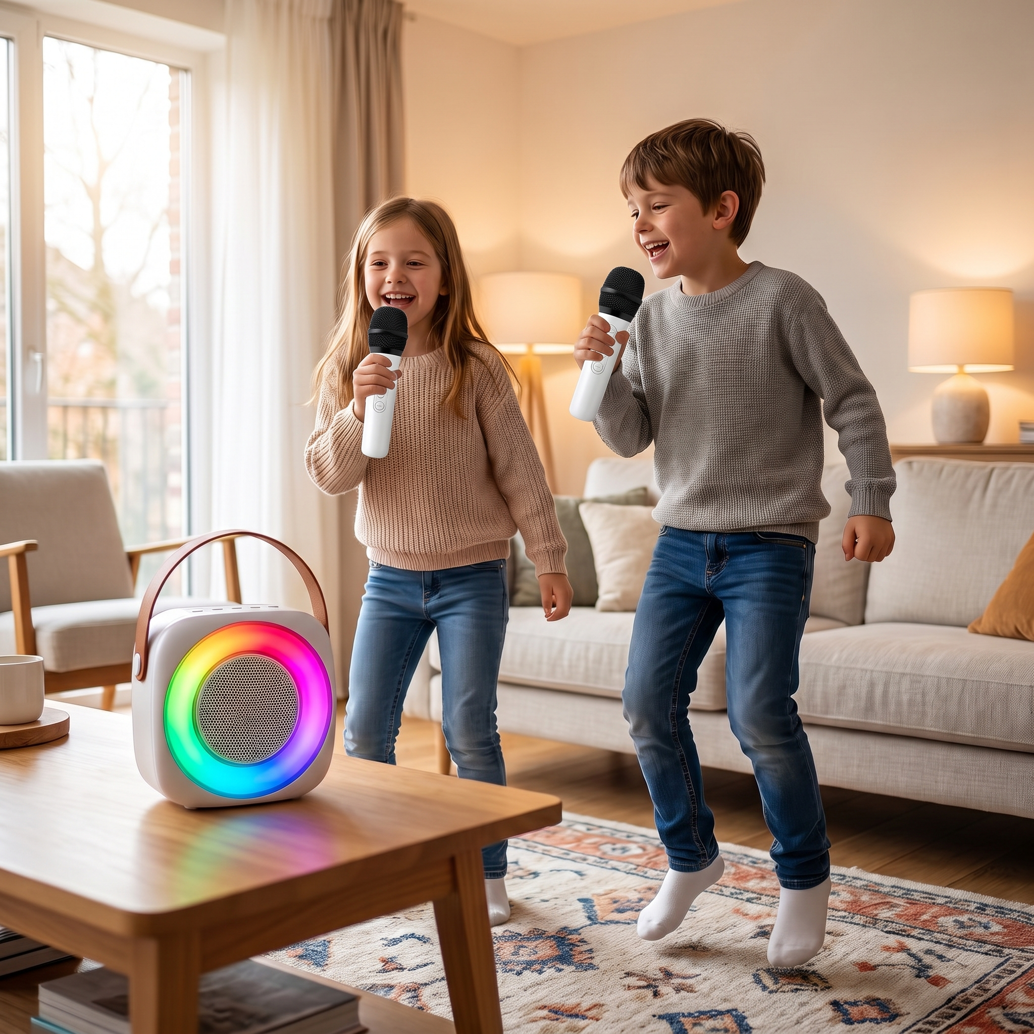 Kids singing a duet with the GlowPop wireless mics