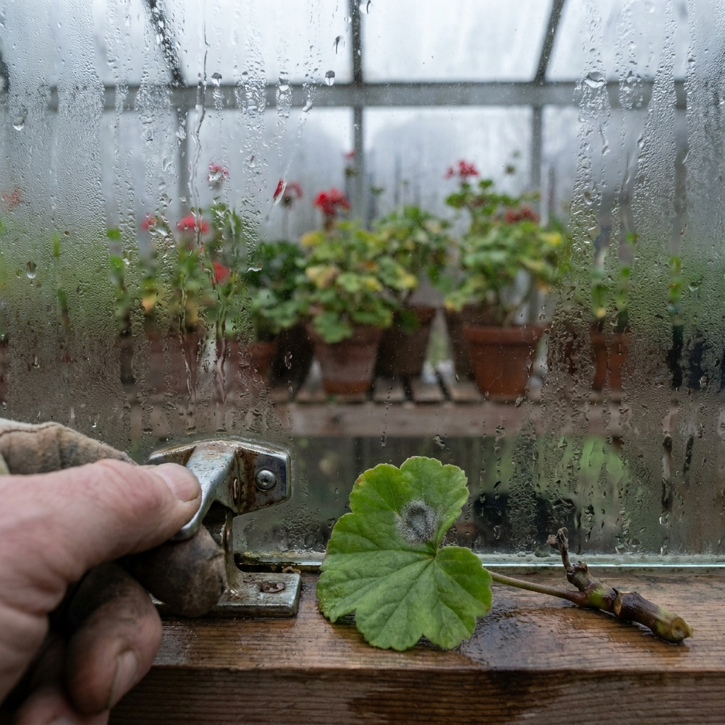 Condensation running down the lean-to glass, a geranium leaf with grey mould, a hand cracking the vent