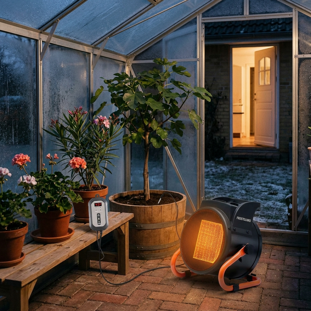FrostGuard heater on the lean-to floor, probe in the fig