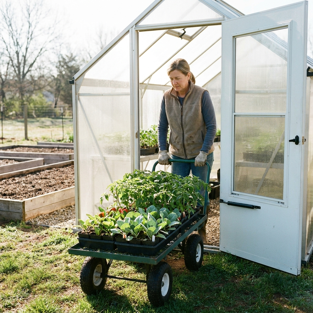 Hardening off — the cart at the greenhouse door in April