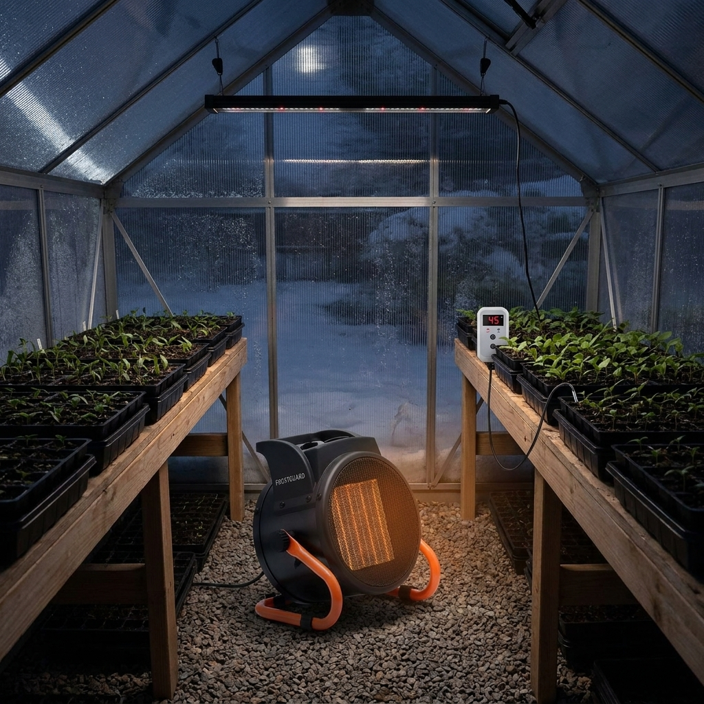 FrostGuard on the greenhouse floor at night, probe in a seed tray, display at 45