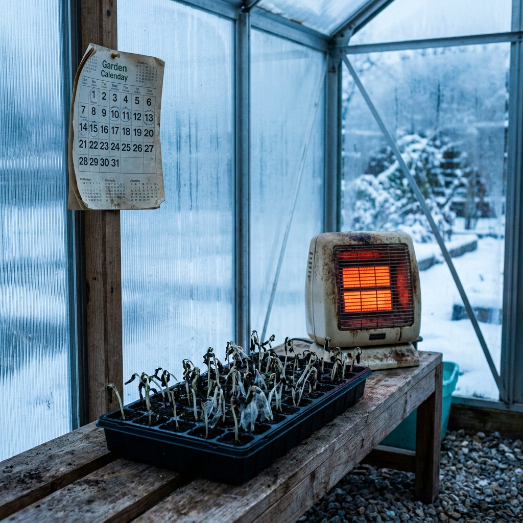 A tray of frost-killed seedlings beside a space heater still running on high