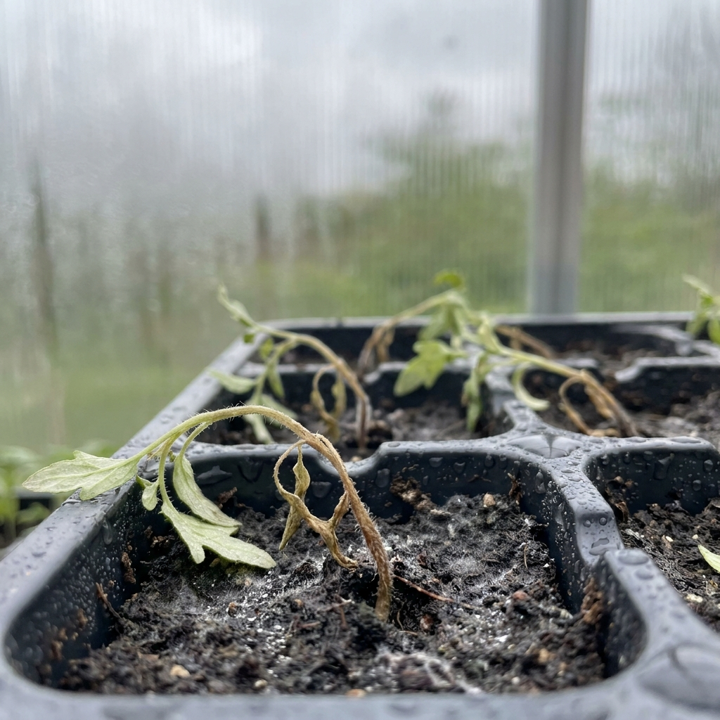 Damping off — seedlings toppled at the soil line in a waterlogged tray under a fogged panel
