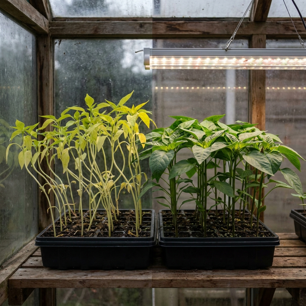 Leggy seedlings by the window versus stocky seedlings under the light