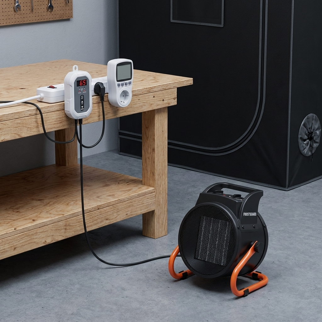 The controller plugged in at the outlet, heater on the floor below, switched off — a plug-in meter beside it