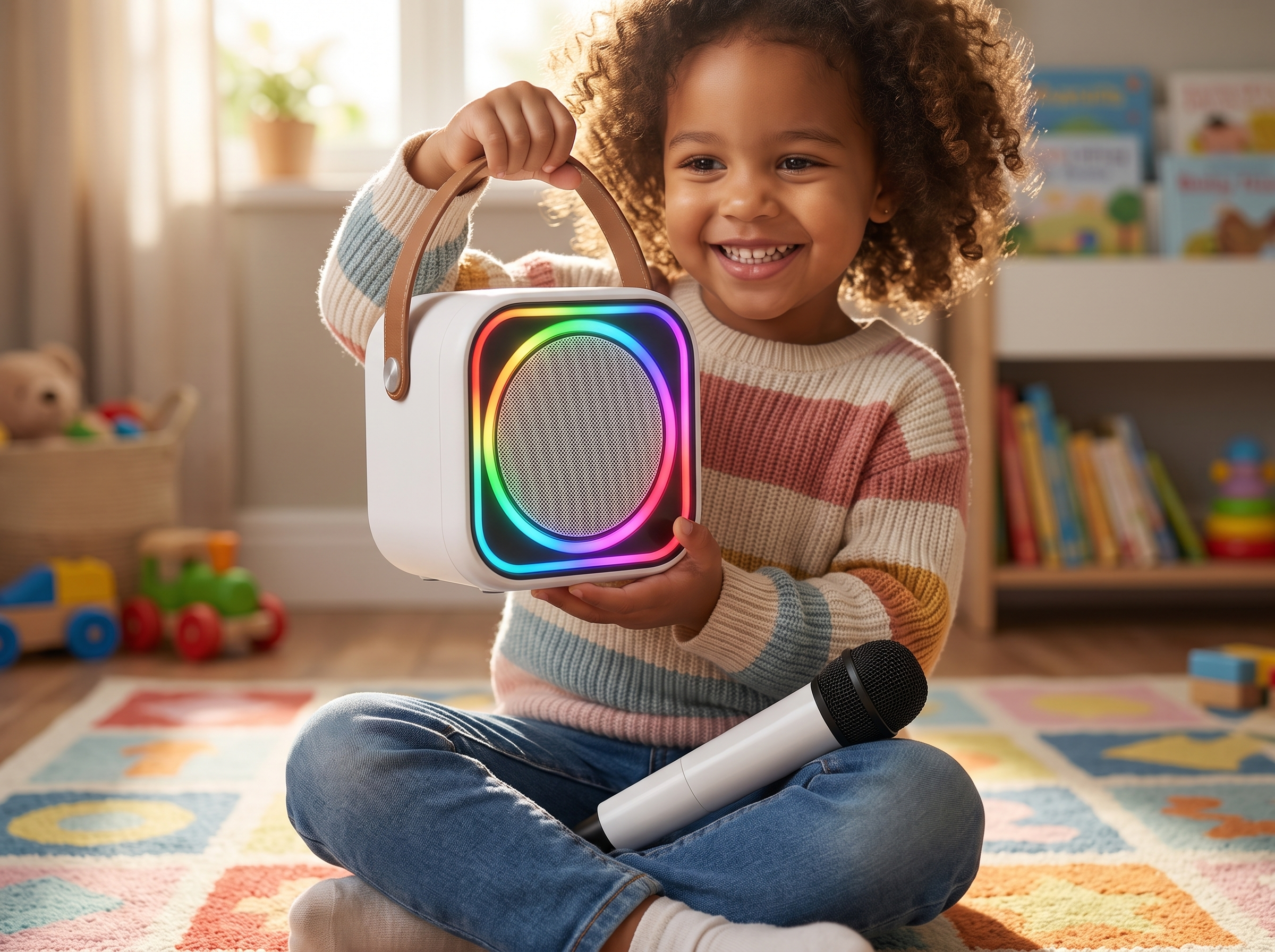 A small child holding the GlowPop speaker up by its strap