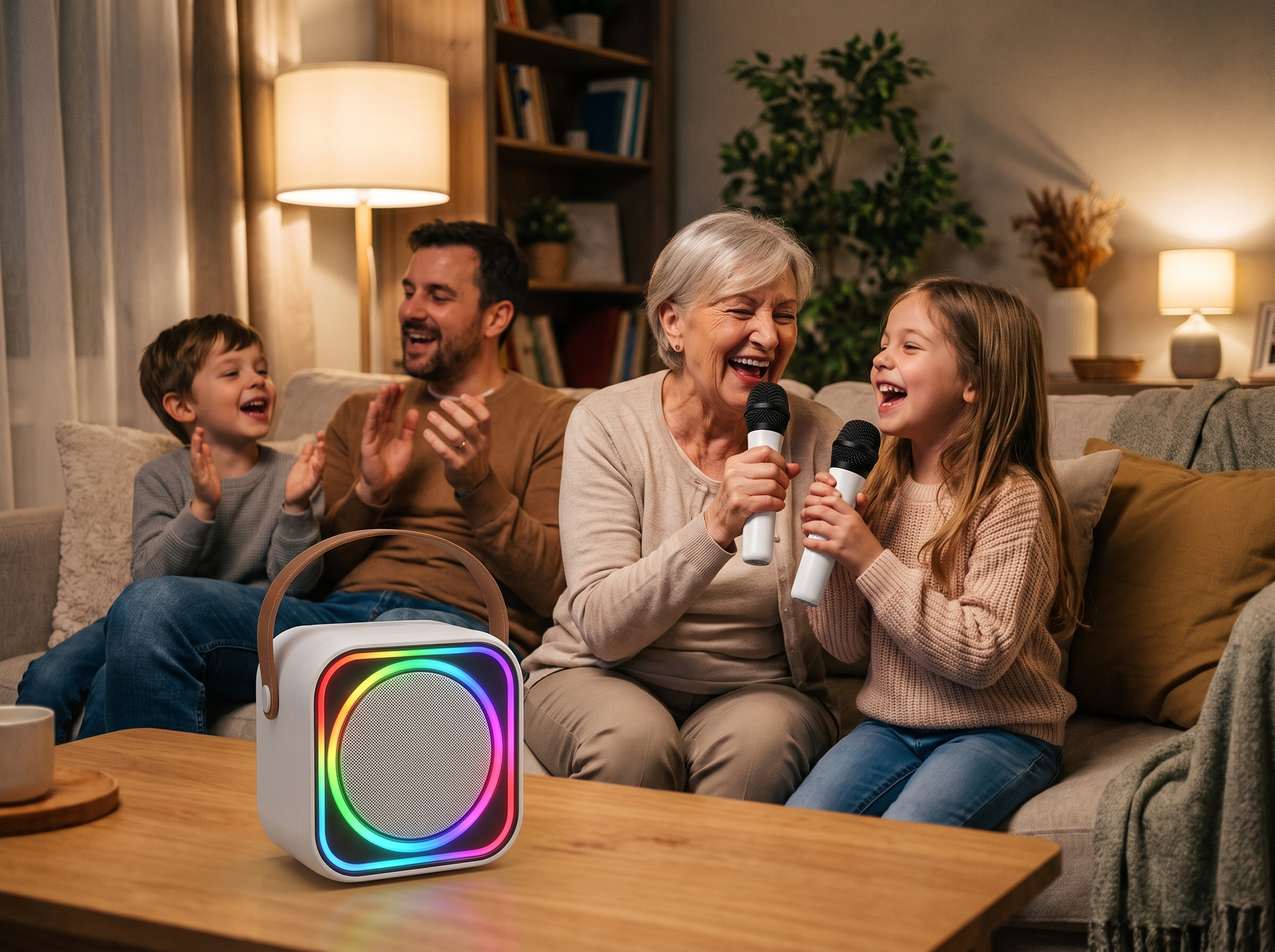 Grandmother and granddaughter singing a duet while the family claps along