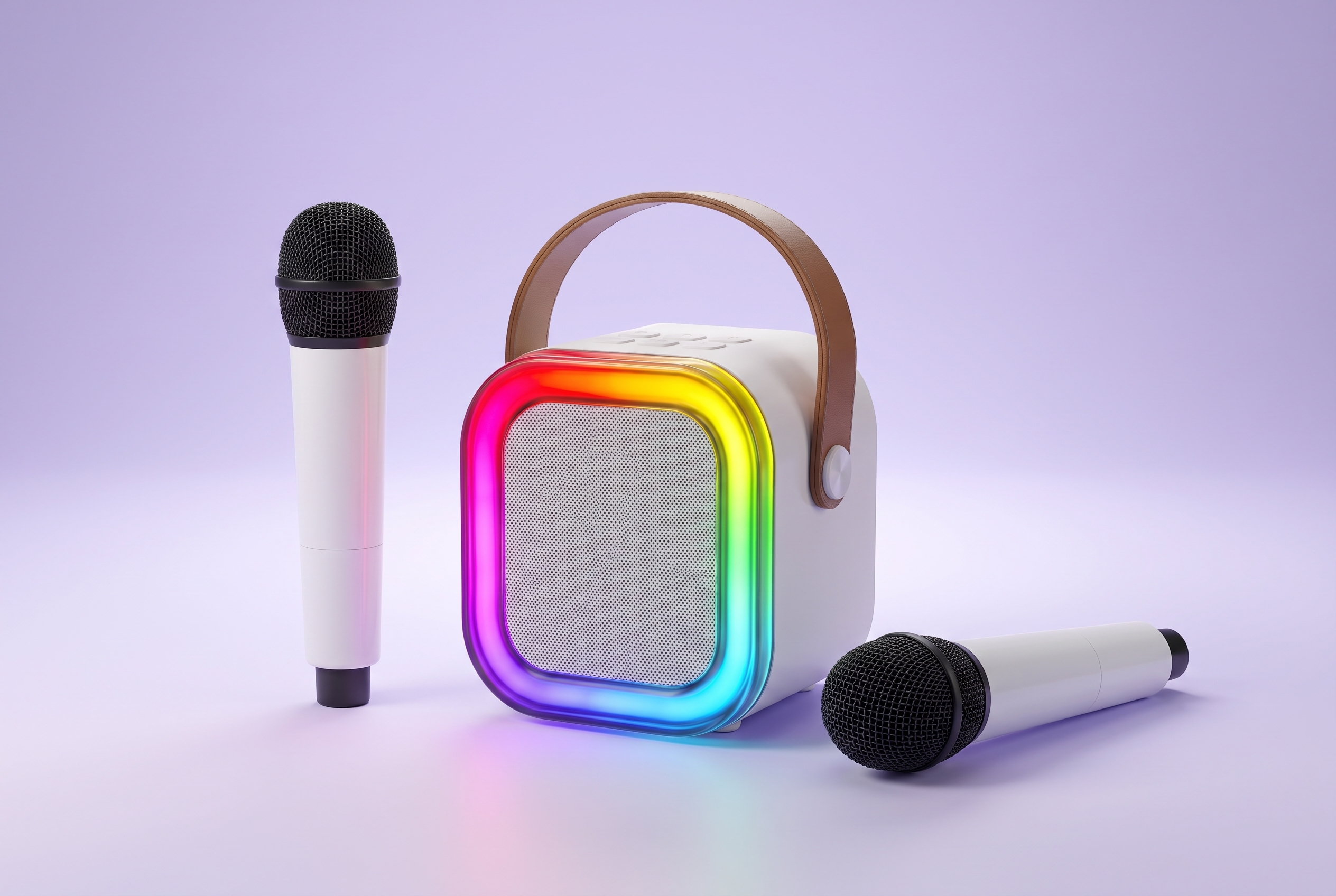 The GlowPop speaker with its rainbow light ring and two white wireless mics