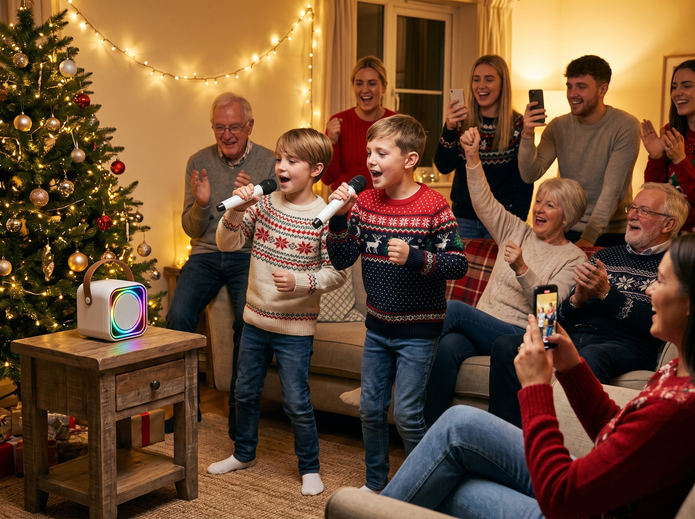 Kids performing karaoke for the family at a holiday gathering