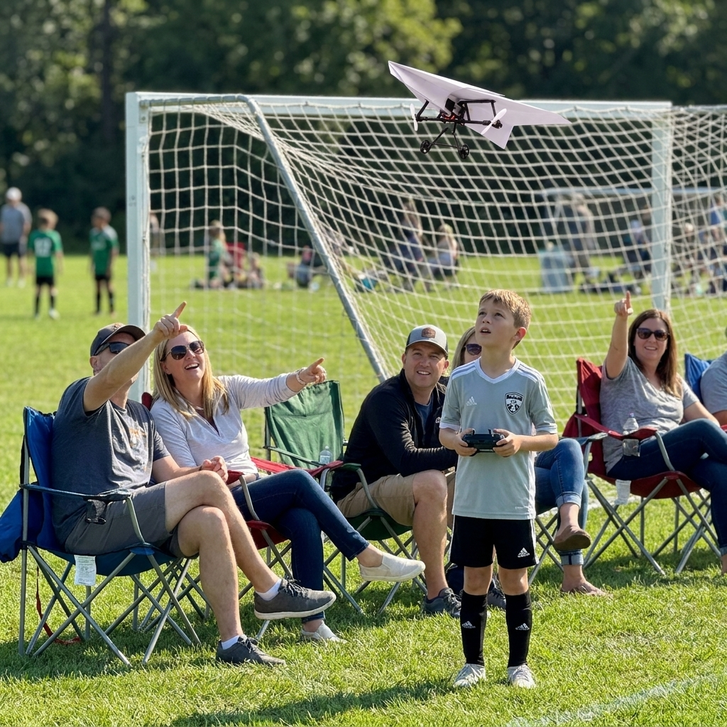 A boy flying the plane over a soccer goal at halftime