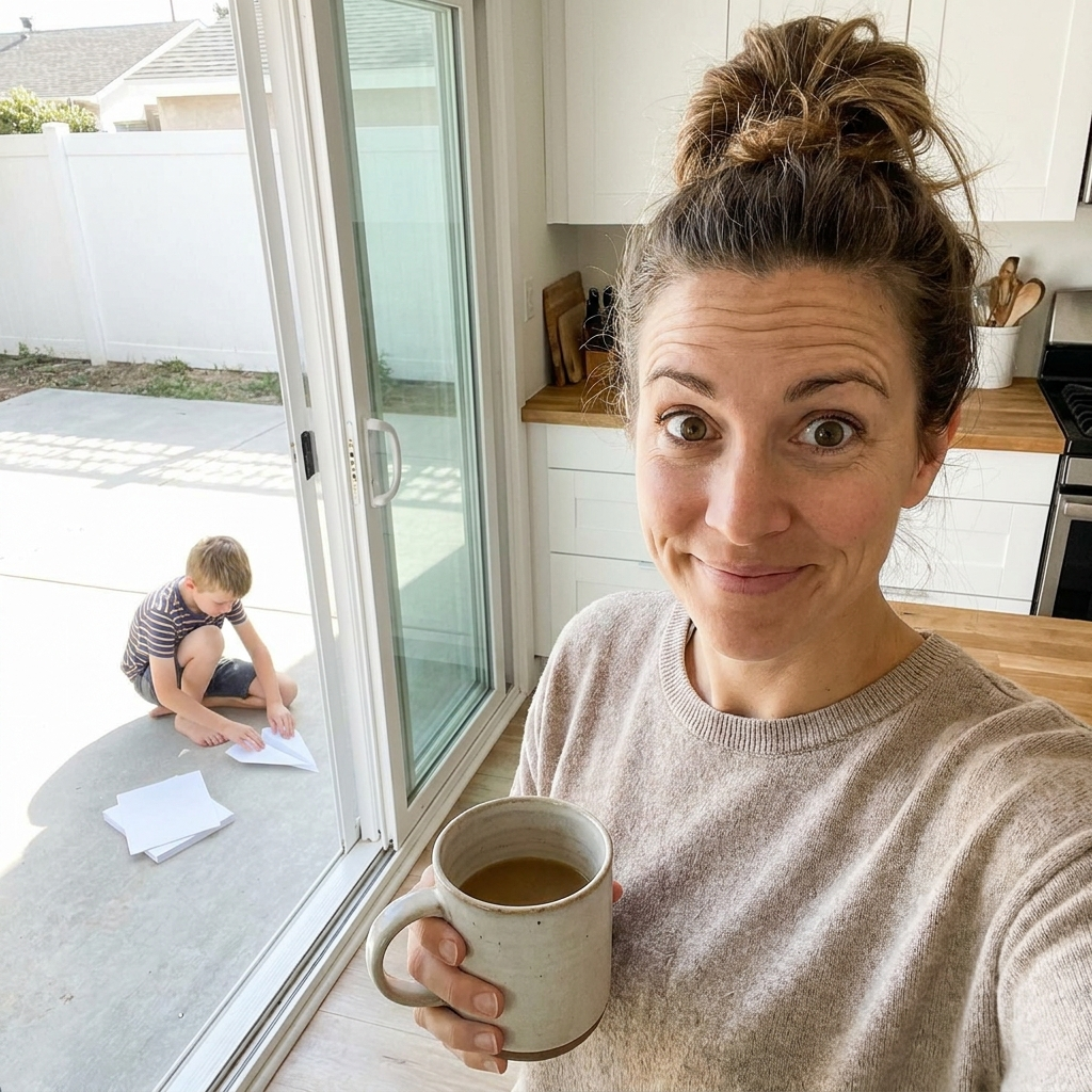 A mom with coffee on a Saturday morning, her son folding paper on the patio behind her