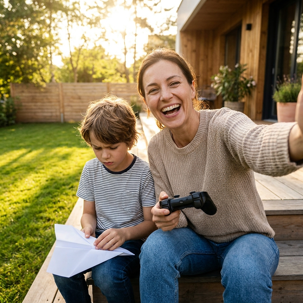 A mom on the back step laughing, holding the two-stick remote her son just handed her