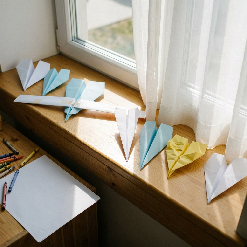 A row of different paper planes on a sunny bedroom windowsill