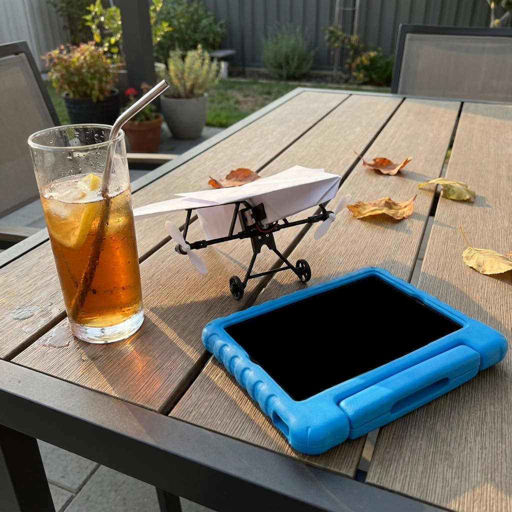 A folded paper plane with the motor clipped on, sitting on a patio table next to a face-down tablet