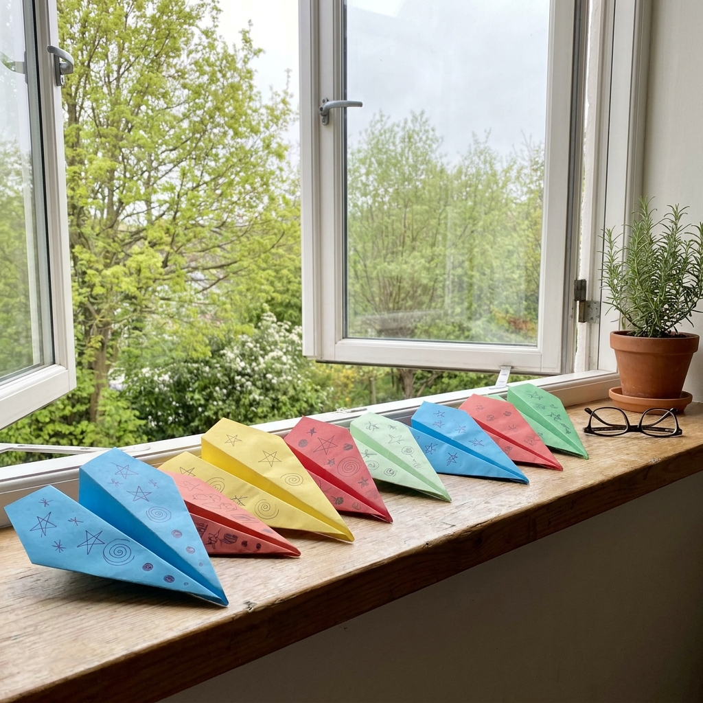 A row of colorful paper airplanes on a kitchen windowsill in early spring