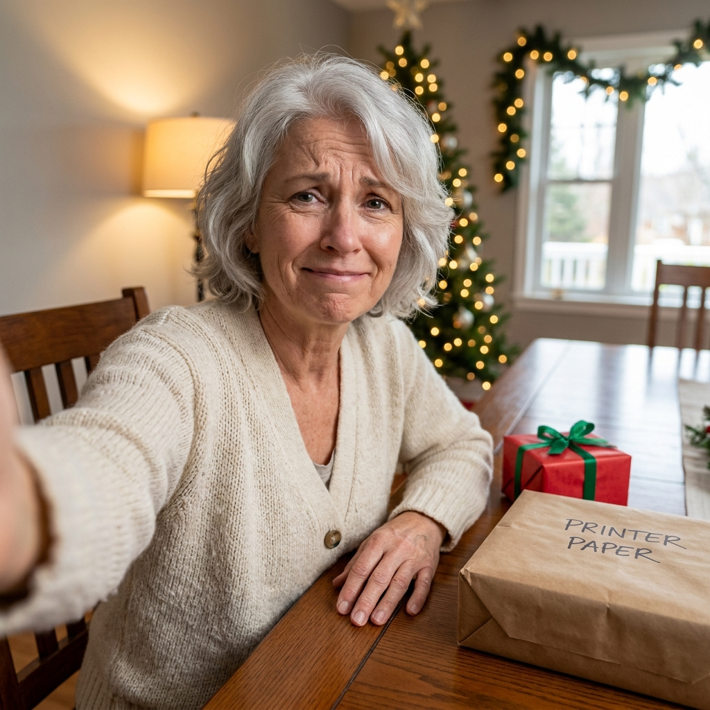 A grandmother at her dining table beside a small wrapped gift and a ream of paper