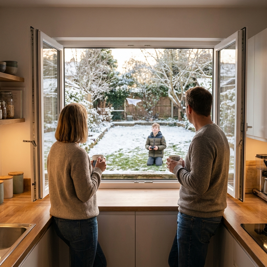Parents at the kitchen window watching their son fly the plane in the yard