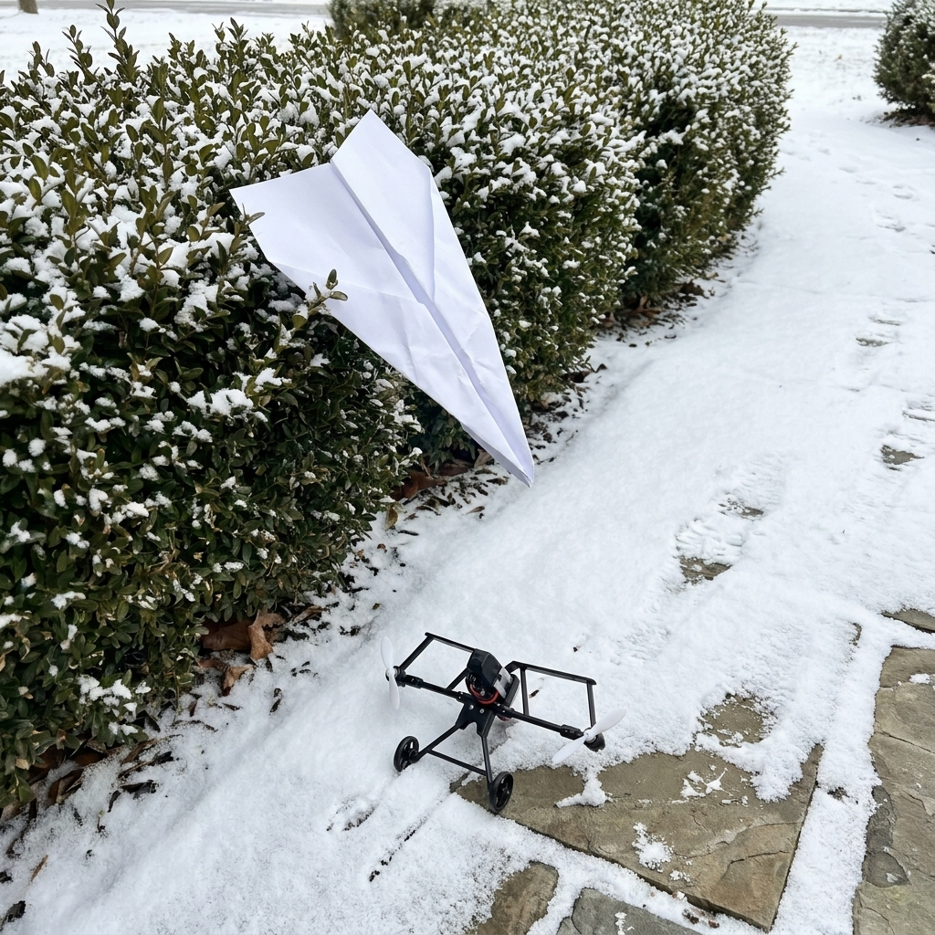 A crumpled paper plane in a snowy hedge, the motor lying intact on the path below