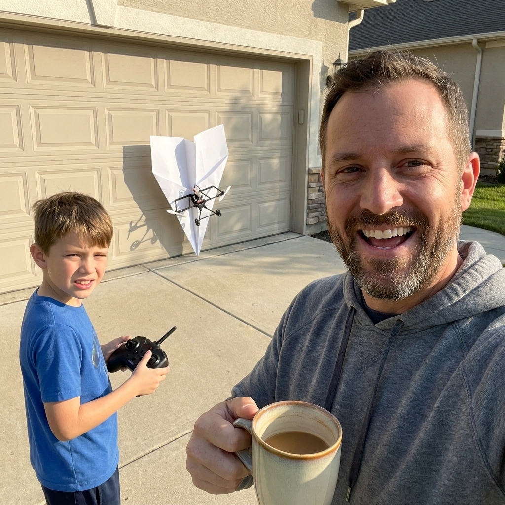 A dad on the driveway with coffee, grinning, as his son's paper plane crumples into the garage door