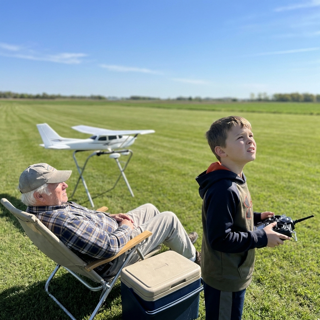 A boy flying with a two-stick remote at a community flying field