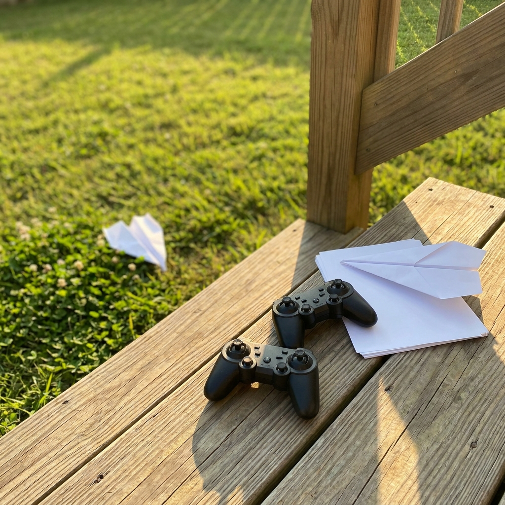 Two remotes and a stack of paper on a back step at golden hour