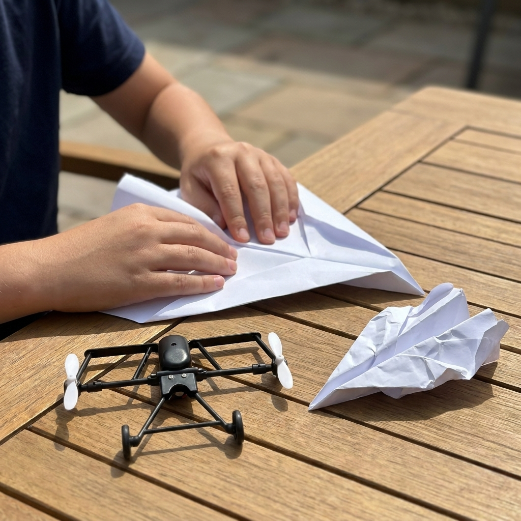 A boy folding a fresh paper plane next to the motor module and a crumpled plane