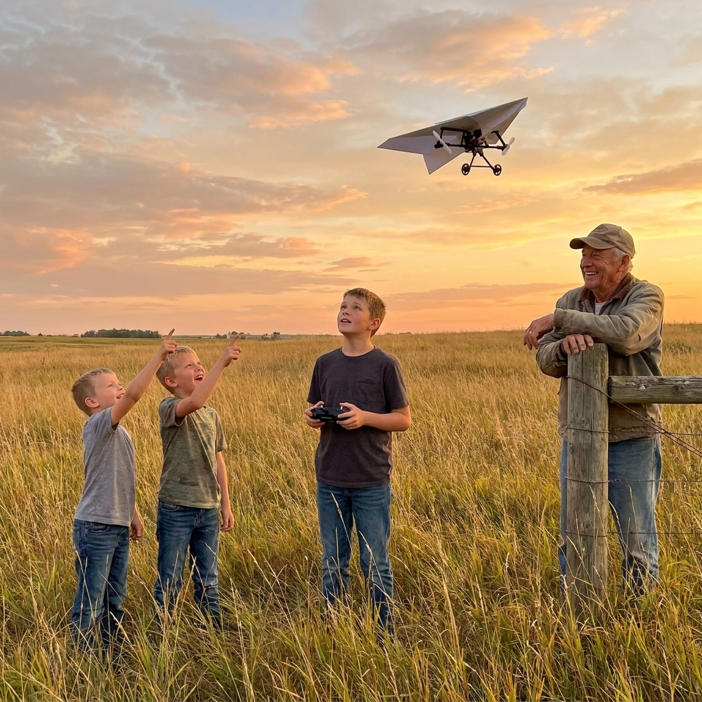 Three kids in a pasture at golden hour, one flying the plane with the two-stick remote