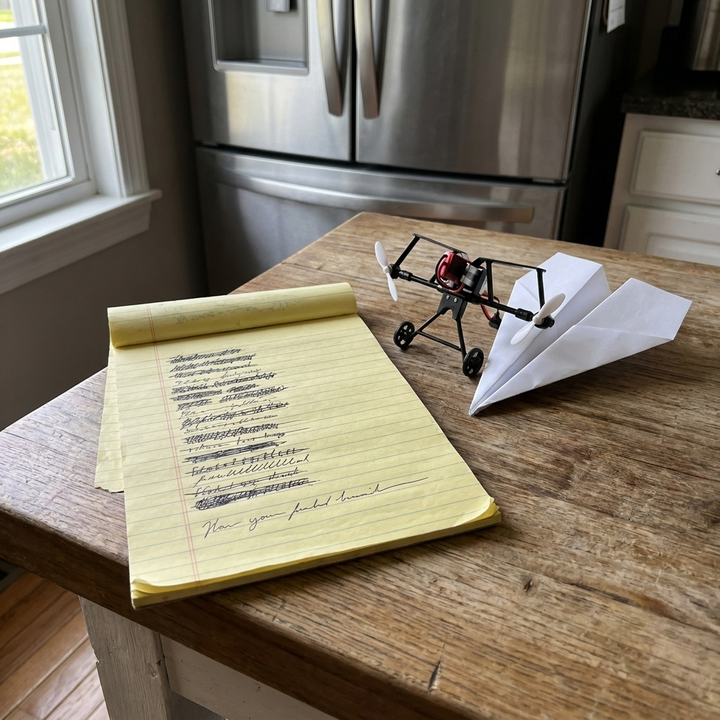A legal pad with crossed-out lines next to the motor module and a paper plane