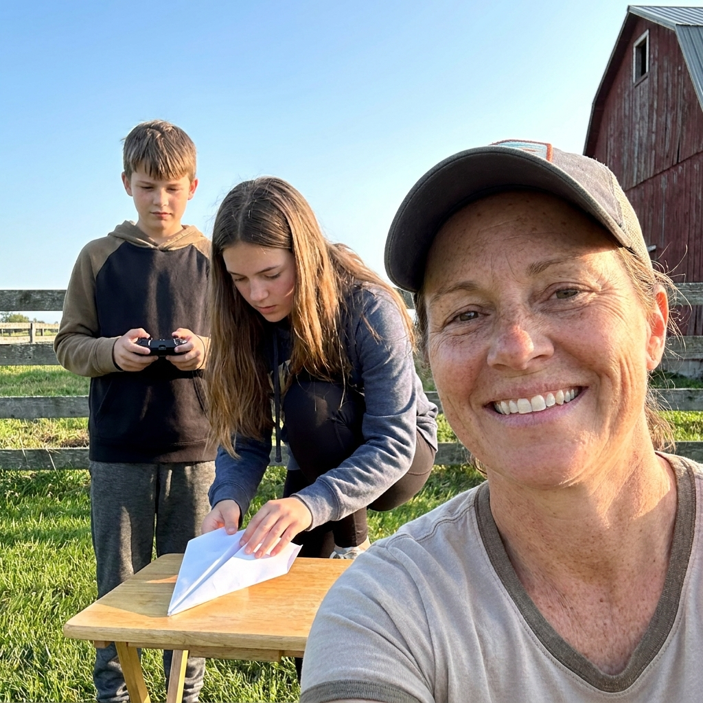 A homeschool mom in the backyard while her daughter refolds a paper plane's nose