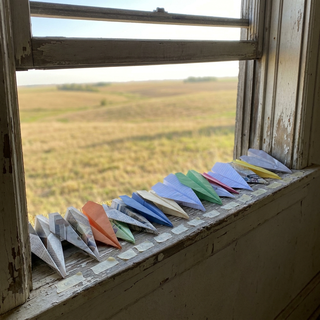 A farmhouse windowsill lined with paper planes, each tagged with masking tape