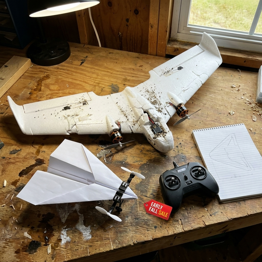 A cracked twin-motor foam flying wing next to a wide paper wing with the pod clipped on
