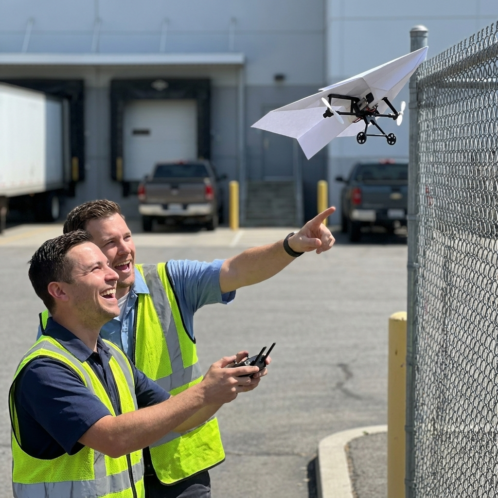 Two coworkers flying the paper plane in a warehouse parking lot