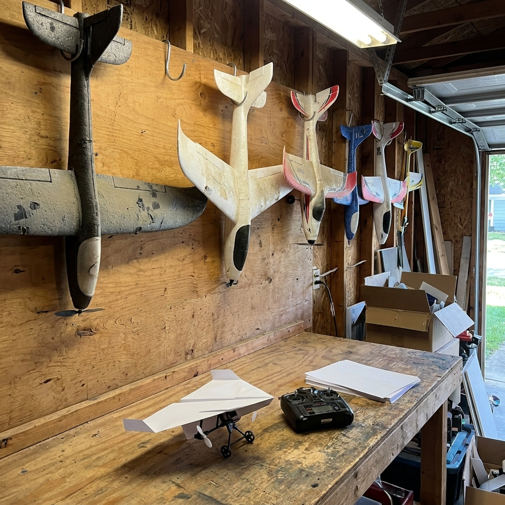 A garage wall of foam RC planes with a paper plane and the pod on the bench