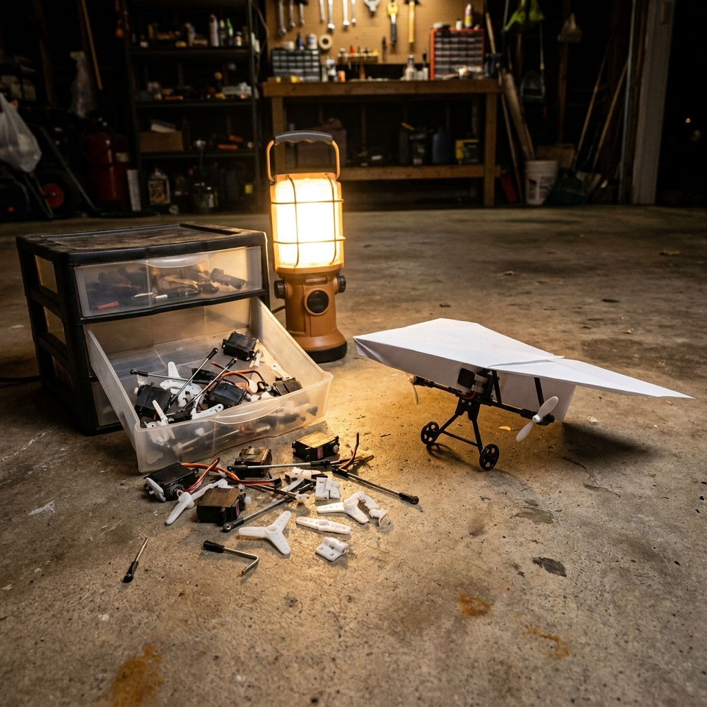 A drawer of stripped servos and pushrods next to the paper plane