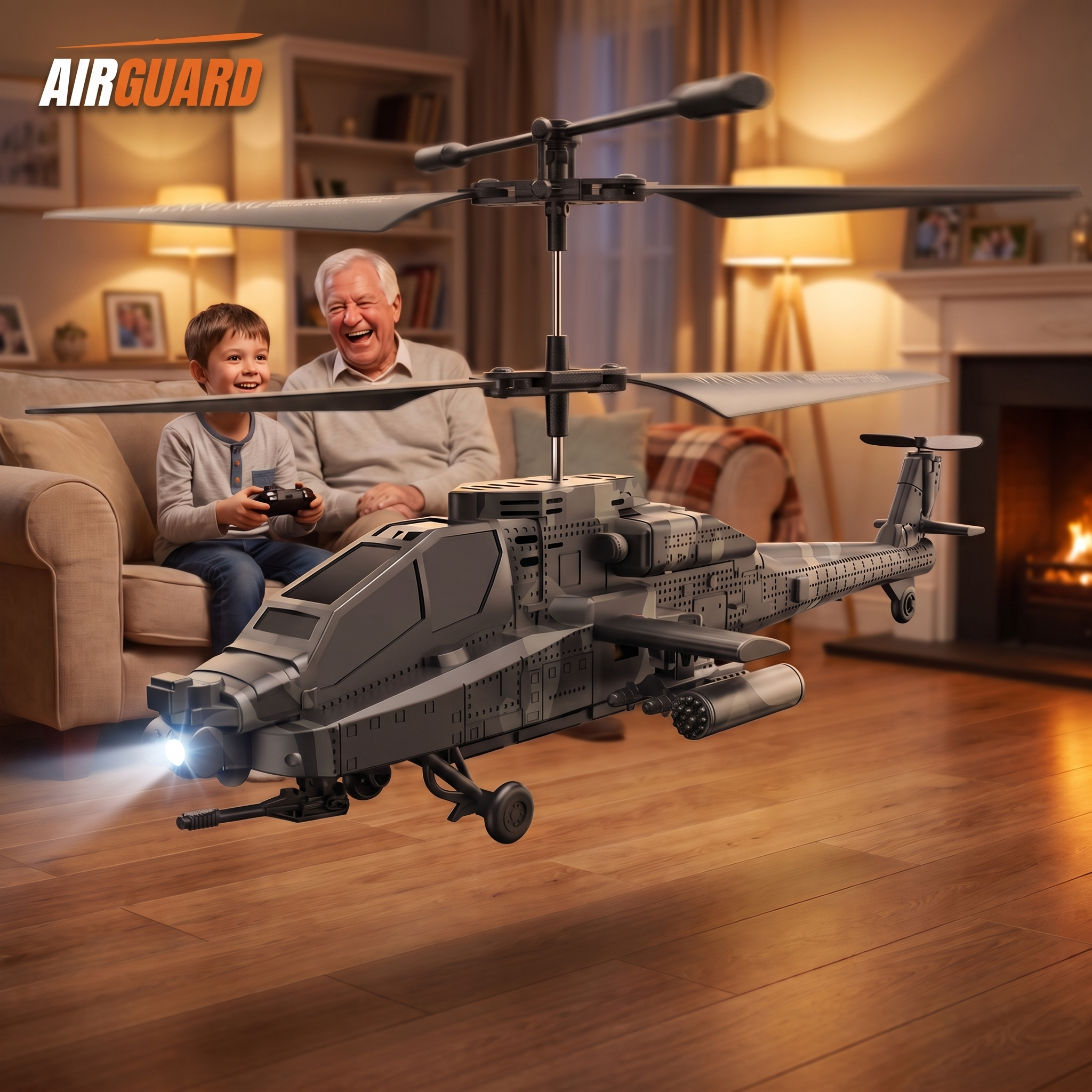 AirGuard RC helicopter hovering in a living room while a boy and his grandfather watch