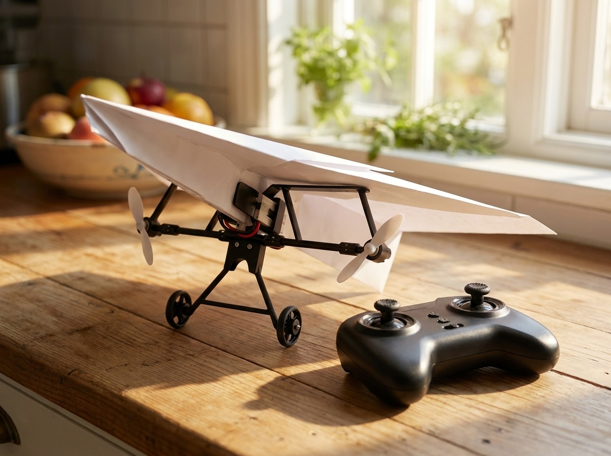 The power module with its two forward propellers and the two-stick remote on a kitchen counter