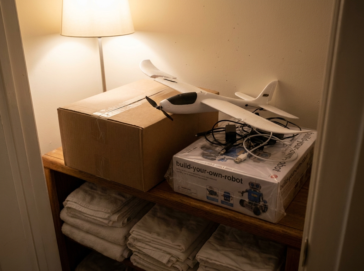 A closet shelf holding a sealed drone box, a robot kit with cellophane on, and a foam jet with a cracked wing