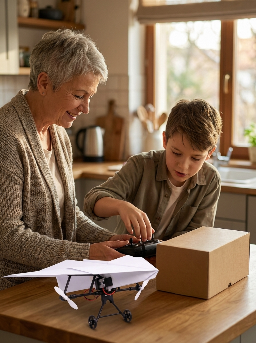 A grandmother and her grandson at the counter, the boy reaching for the remote