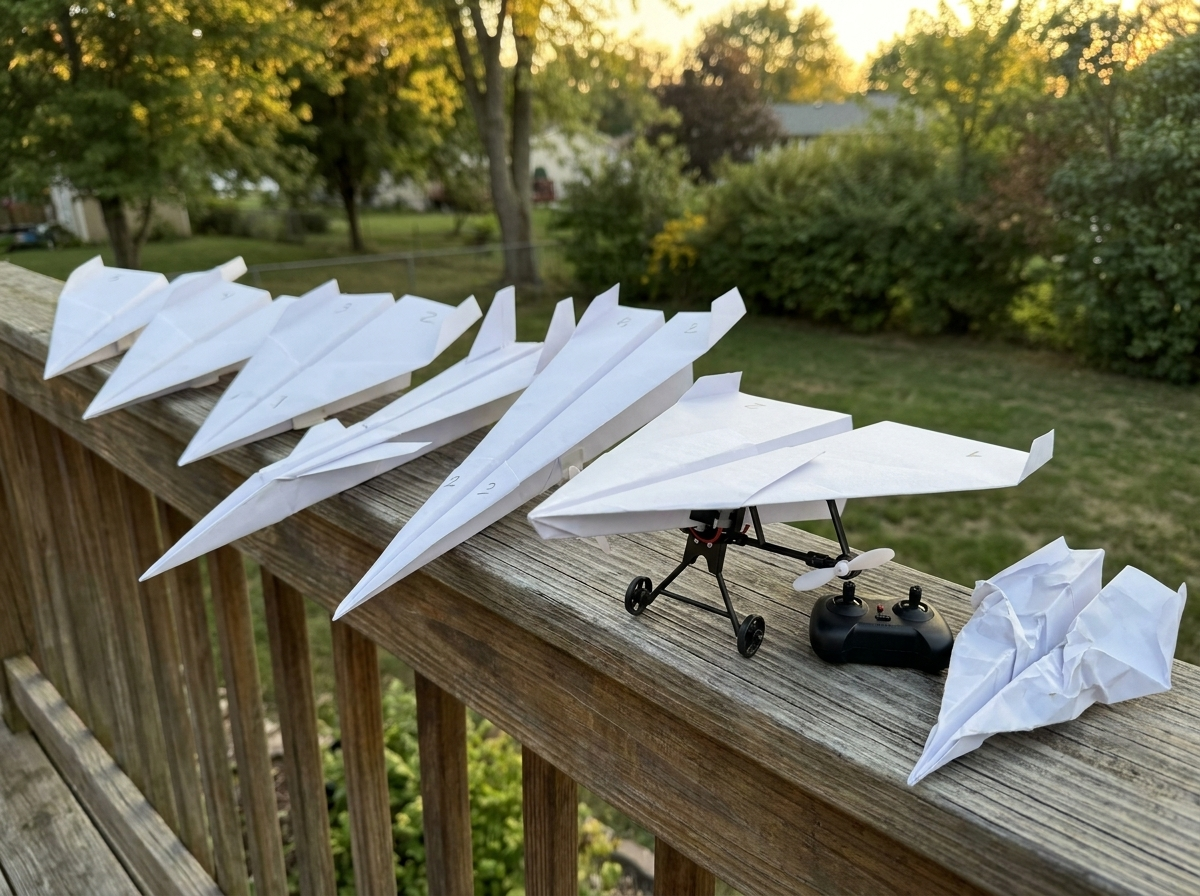 Six different paper plane designs with numbers penciled on the wings, lined up on a porch rail