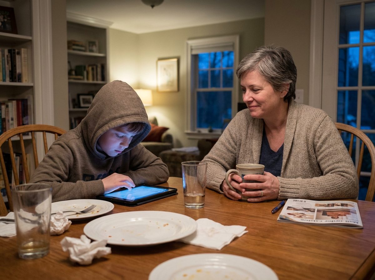 A grandmother at the family table watching her grandson on a tablet, a store catalog beside her