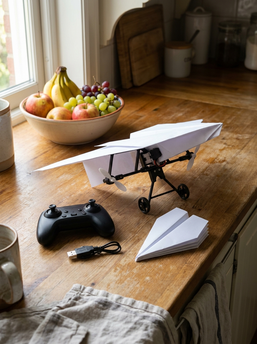 The kit on a kitchen counter beside a fruit bowl with a stack of folded paper planes