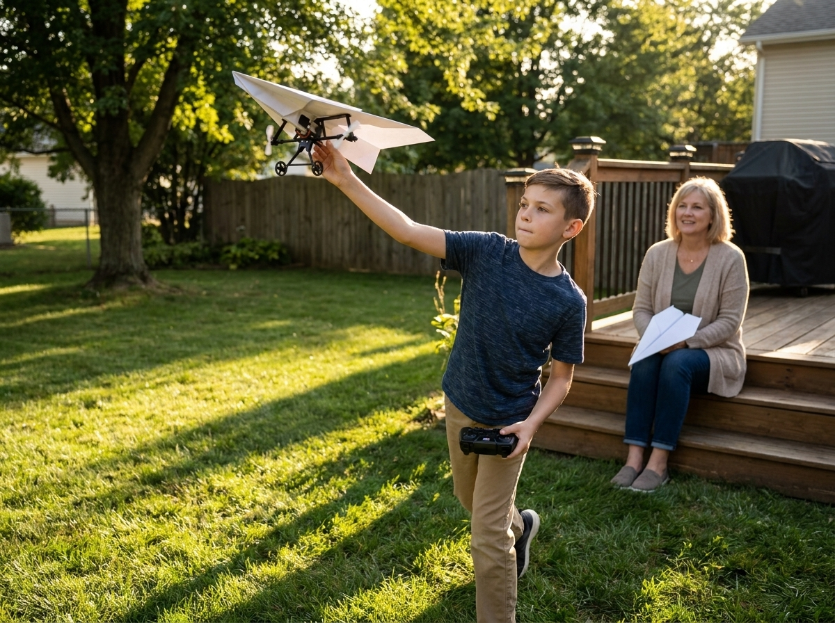 A boy launching the plane in the backyard while his grandmother watches from the deck steps