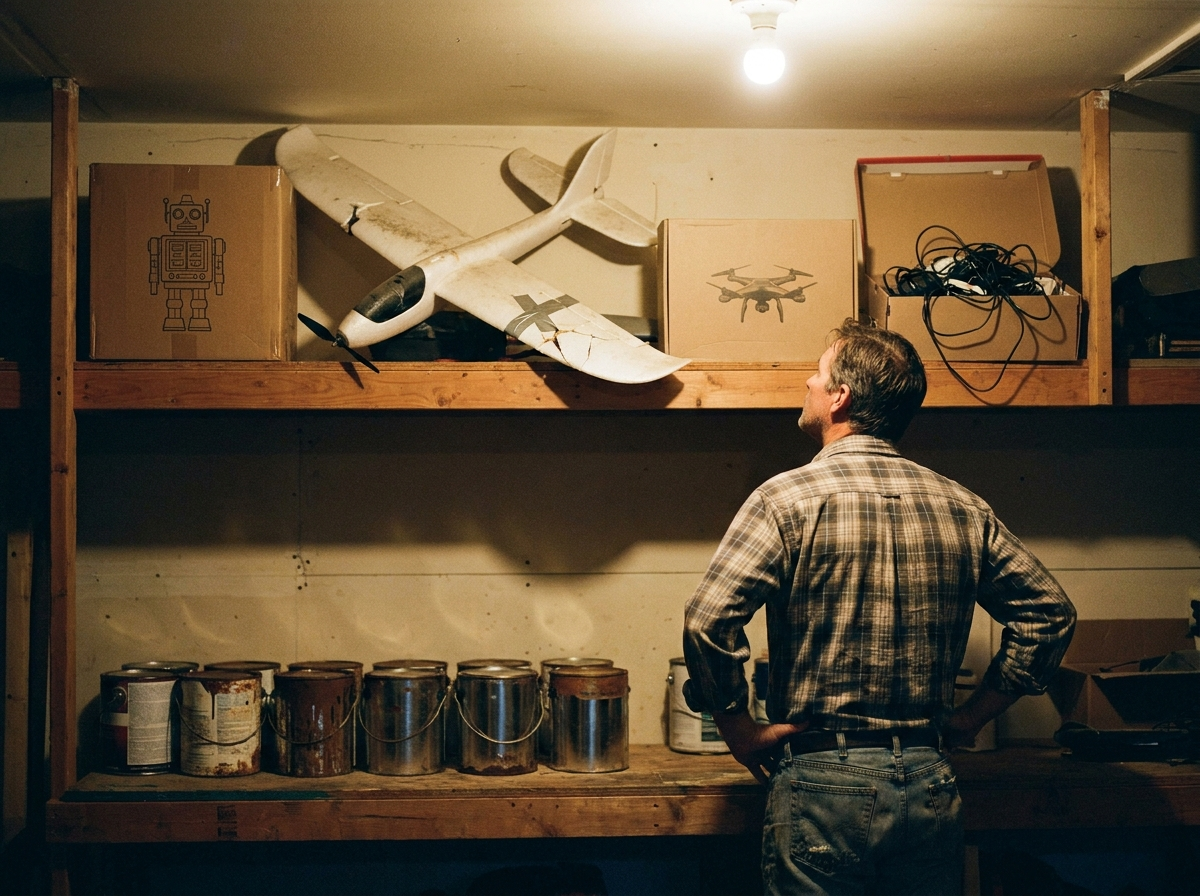A dad in the garage looking up at a shelf of unused toys above the paint cans
